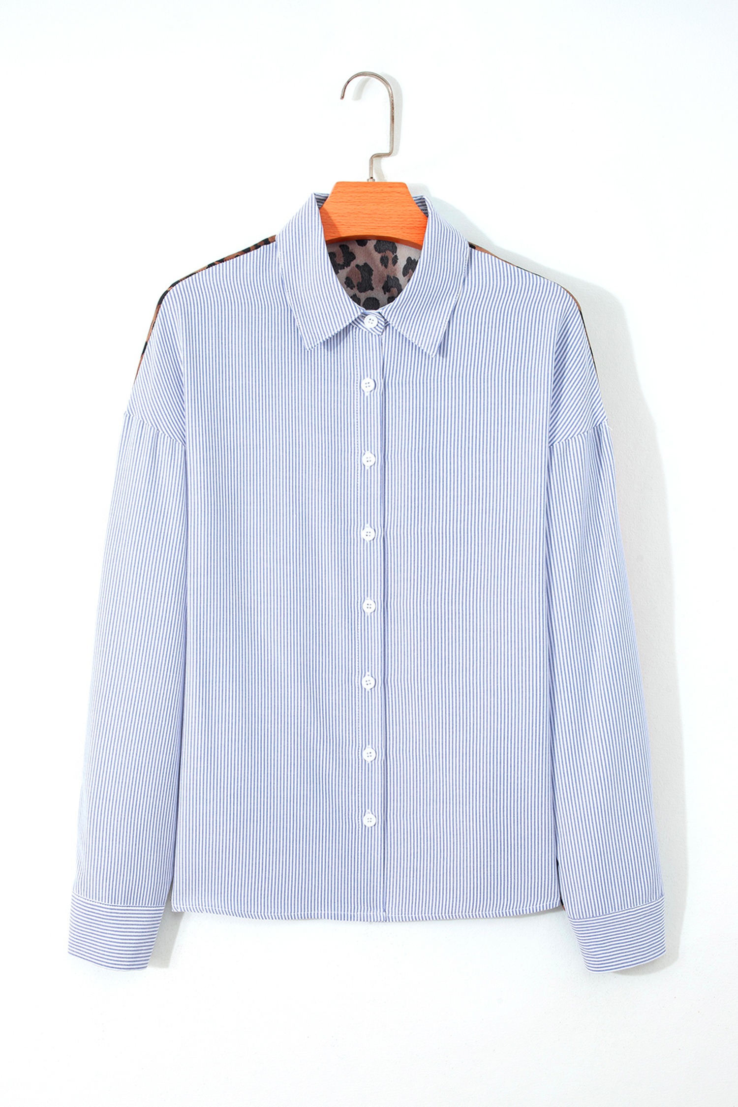 Sky Blue Stripe Contrasted Varsity Stripe Leopard Patchwork Button Down Shirt - Image 5