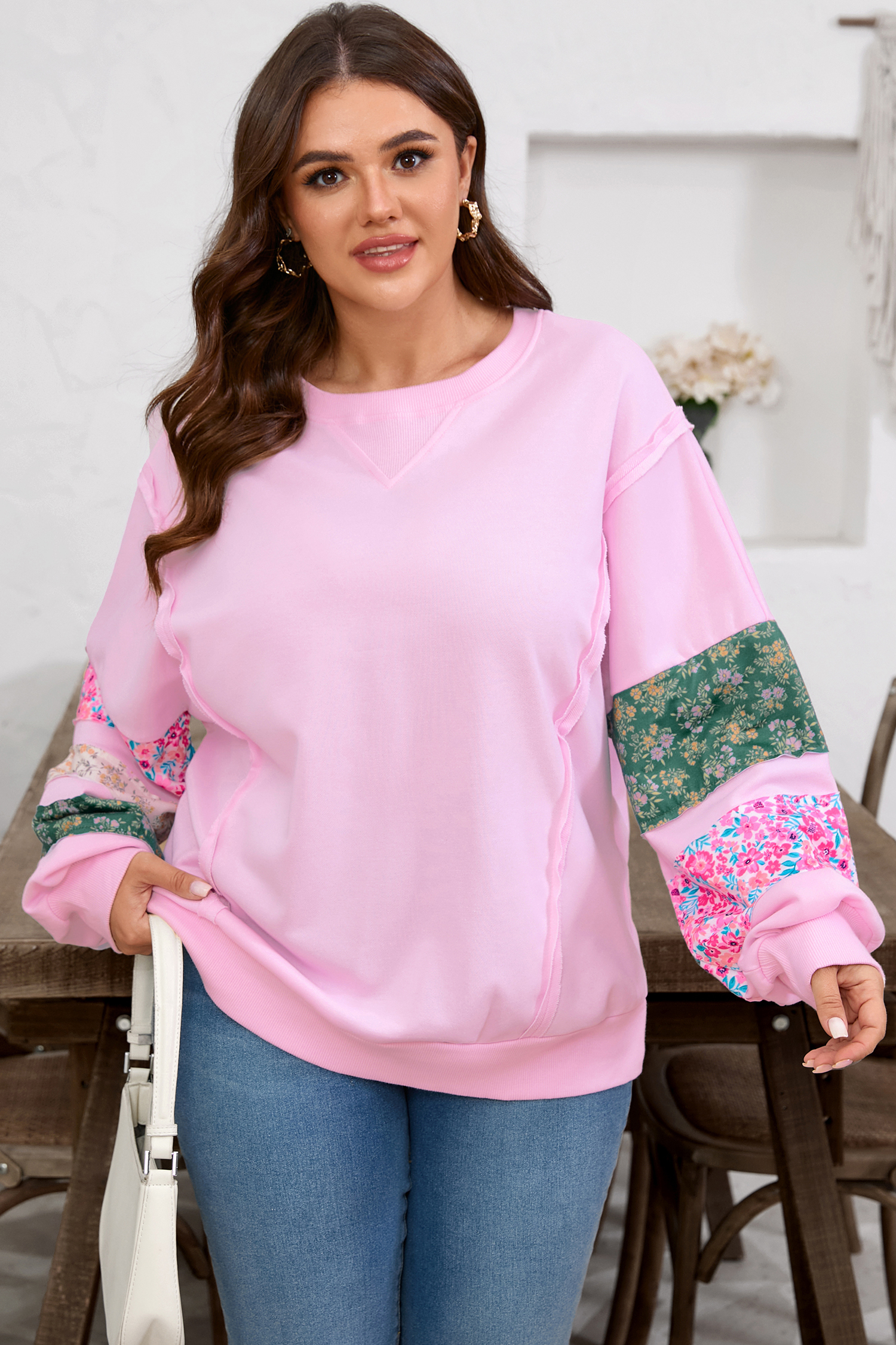 Pink Plus Size Mix Floral Patched Sleeve Ribbed Trim Baggy Sweatshirt - Image 5