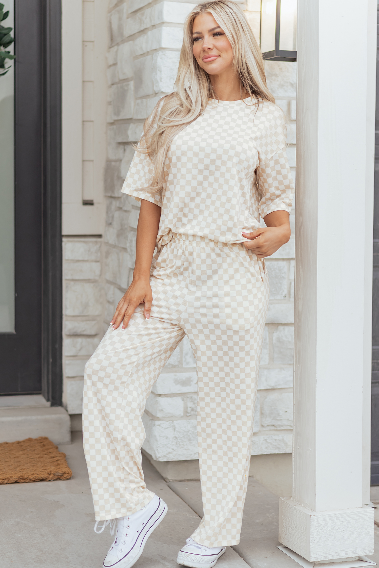 Khaki Checkered Print Half Sleeve Tee 2pcs Lounge Pant Set - Image 5