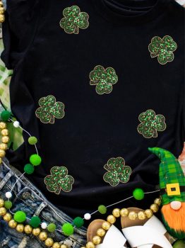 Black Sequin Leopard Clover Graphic Crewneck St Patrick Tee