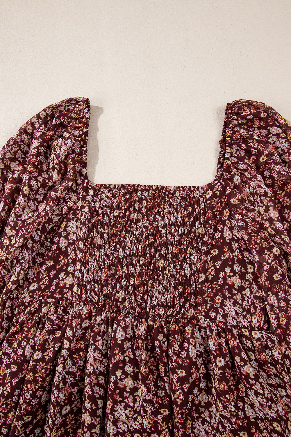 Red Floral Print Sweetheart Neck Shirred Back Mini Dress - Image 7