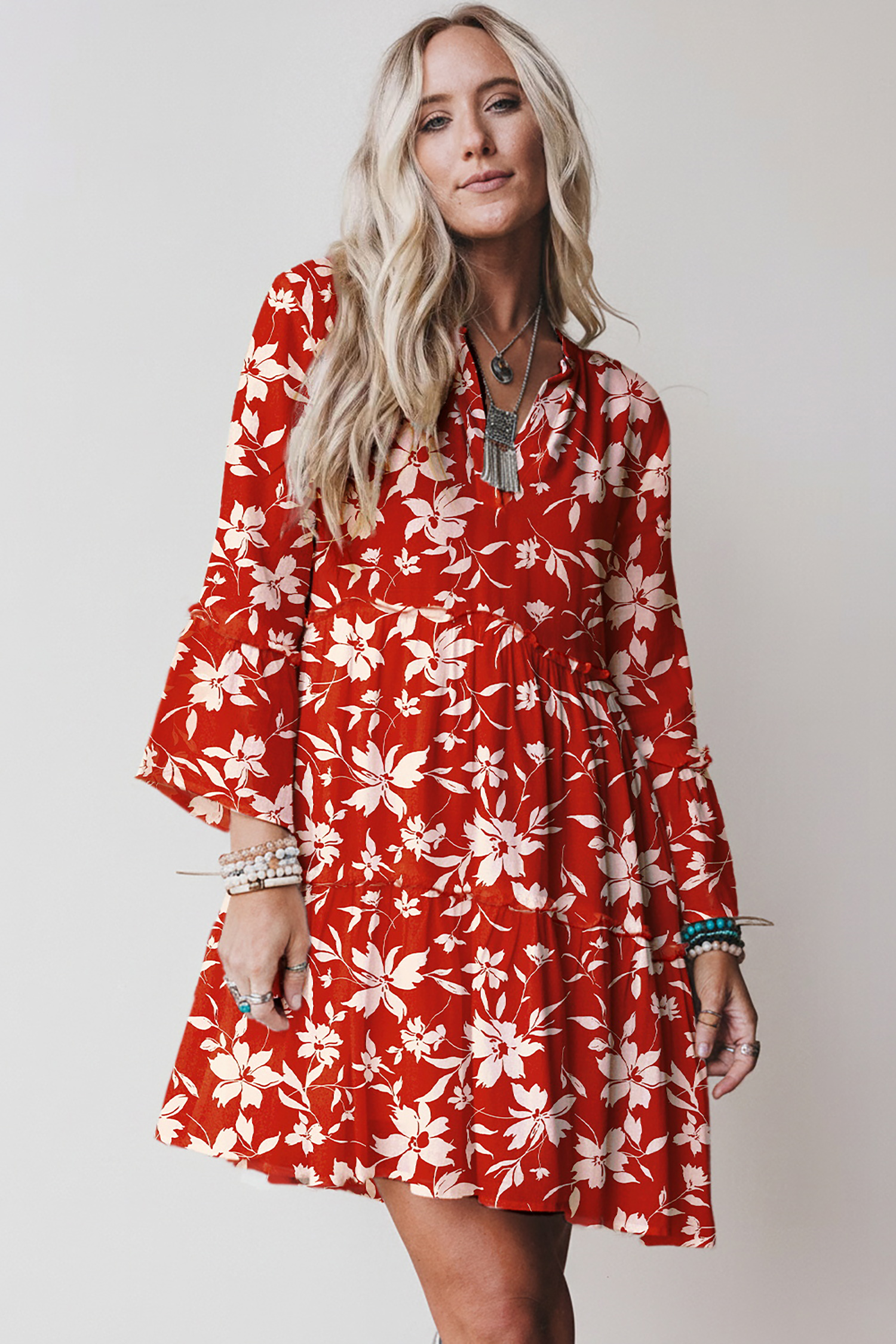 Red Boho Floral Print Lettuce Trim 3/4 Sleeve Mini Dress - Image 2