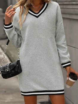 Light Grey Striped Trim V Neck Long Sleeve Preppy T Shirt Dress