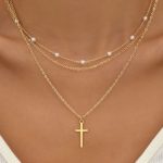 Gold Plated Cross Pendant Pearl Decor Triple Layer Chain Necklace