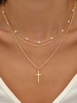 Gold Plated Cross Pendant Pearl Decor Triple Layer Chain Necklace