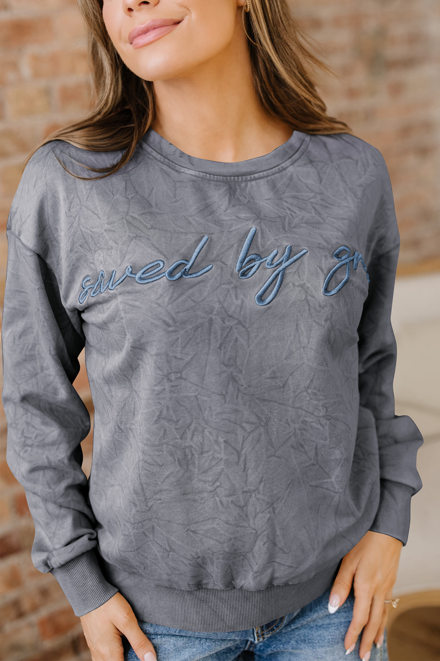 High-rise saved by grace Letter Embroidery Mineral Wash Loose Sweatshirt - Image 5
