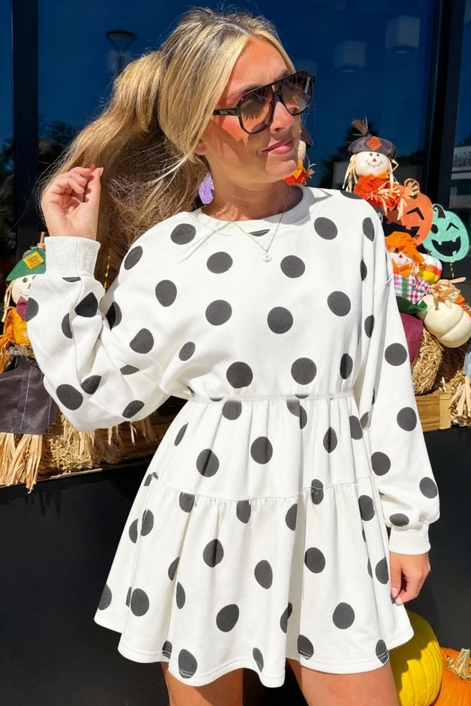 White Polka Dot Printed Long Sleeve Flared Mini Dress - Image 2