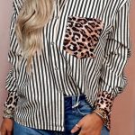 Black Striped Leopard Print Patchwork Button Up Womens Shirt