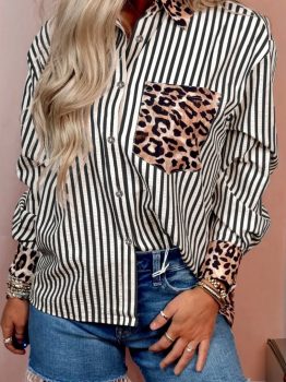 Black Striped Leopard Print Patchwork Button Up Womens Shirt