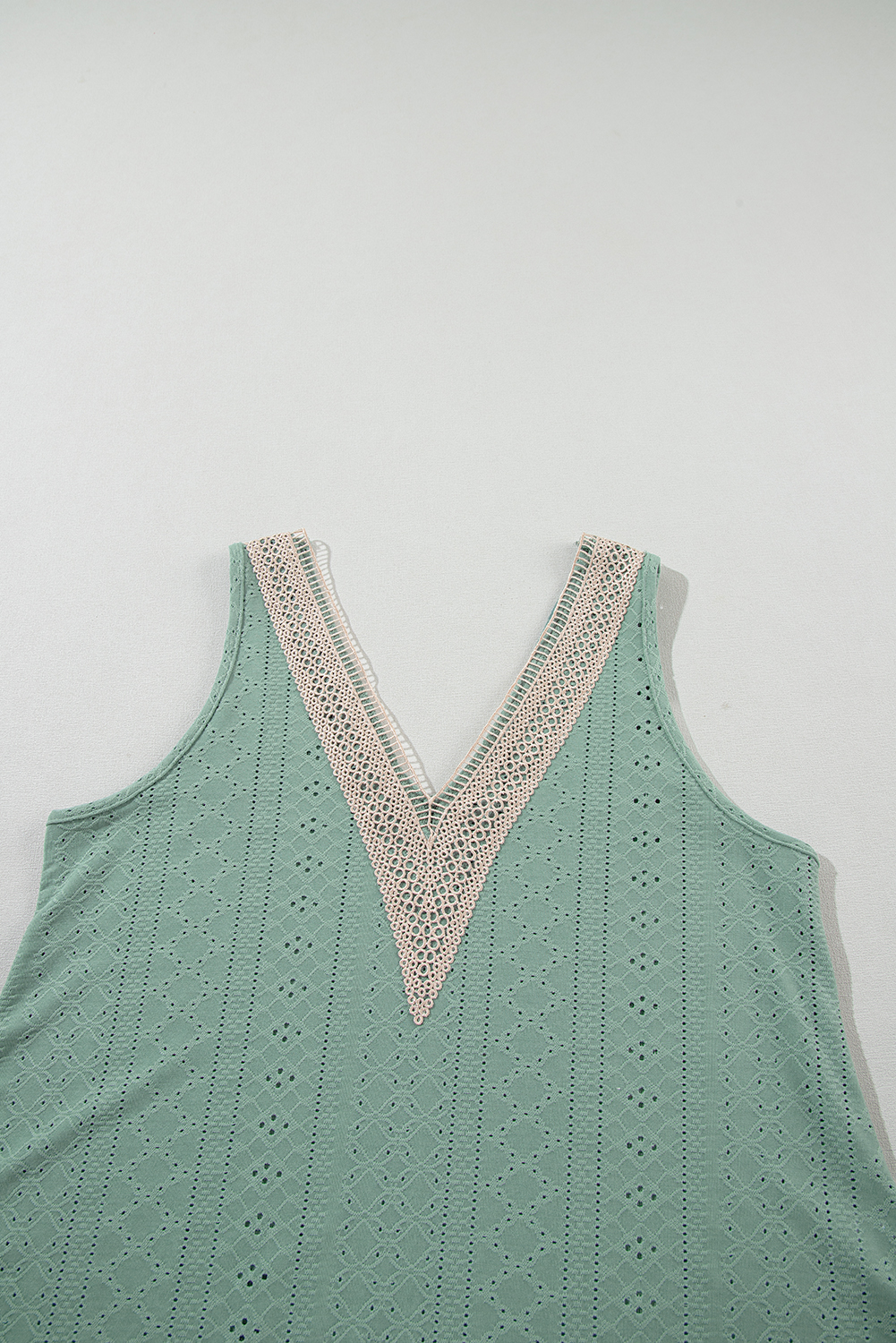 Mist Green Lace Crochet Splicing V Neck Loose Fit Tank Top - Image 6