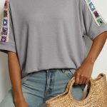 Light Grey Granny Square Crochet Detail Loose T Shirt