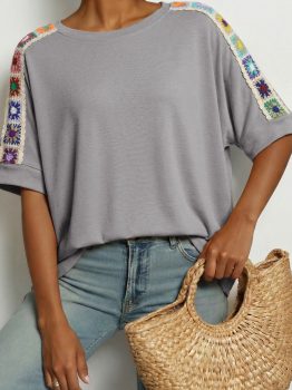 Light Grey Granny Square Crochet Detail Loose T Shirt
