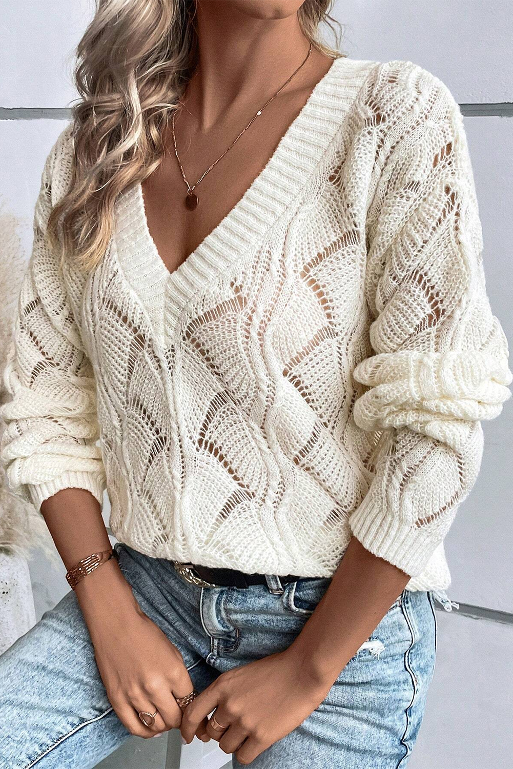 Beige Hollow Out Knit V Neck Drop Shoulder Sweater - Image 6