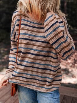 Multicolour Striped Knitted Drop Shoulder Round Neck Sweater
