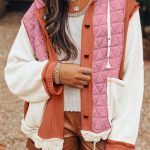 Coral Quilted Textured Patchwork Loose Fit Hooded Jacket