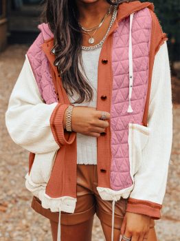 Coral Quilted Textured Patchwork Loose Fit Hooded Jacket