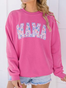 Rose Red Floral MAMA Embroidered Graphic Pullover Sweatshirt