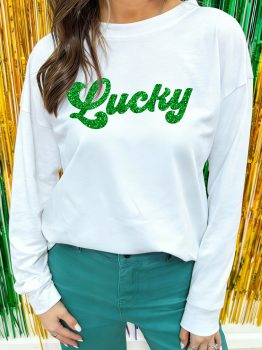 White Lucky Heat Transfer Printed Long Sleeve Top