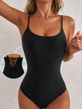 Dearlove Black Thin Strap Strappy Lace-up Open Back One Piece Swimsuit