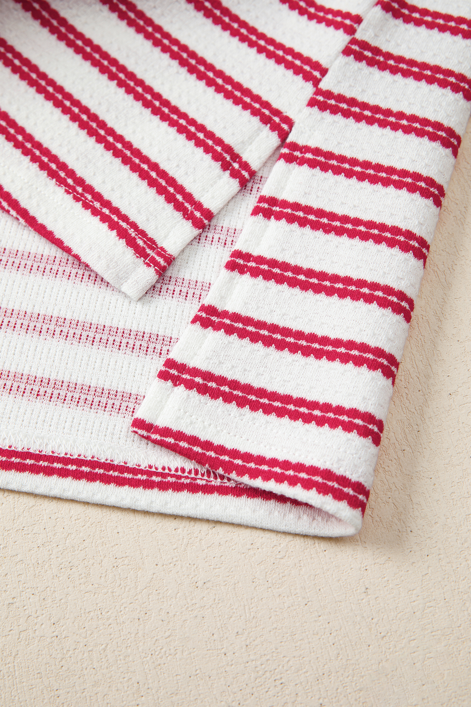 Red Stripe Textured Knit Button Detail Short Sleeve Casual Tee - Image 8