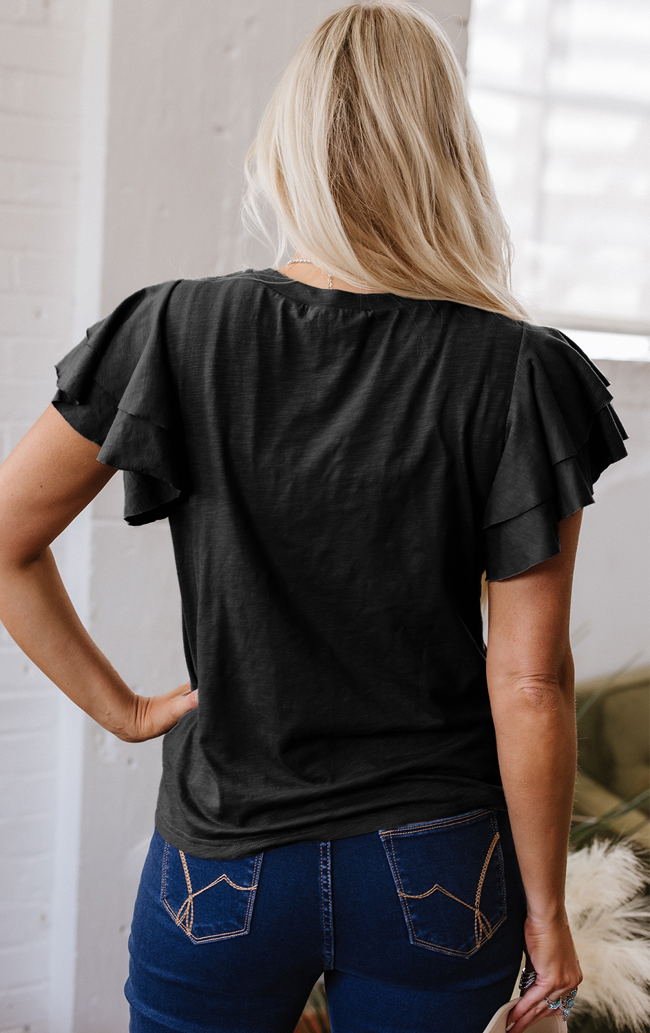 Black Layered Ruffle Short Sleeve Round Neck Top - Image 2