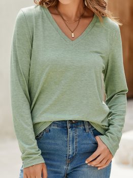 Grass Green Solid Color V Neck Long Sleeve Stretchy Top