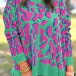 Green Abstract Print Ribbed Trim Baggy Sweater
