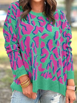 Green Abstract Print Ribbed Trim Baggy Sweater