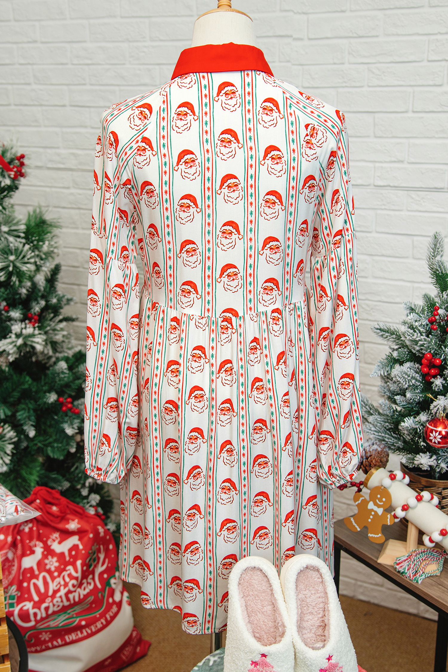 White Father Christmas Contrast Collar Button Front Long Sleeve A-line Mini Dress - Image 4