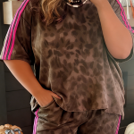 Brown Retro Leopard Print Contrast Varsity Stripe Trim Plus Size 2pcs Short Set