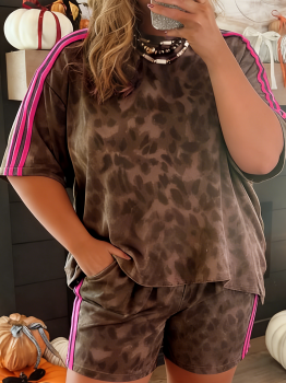 Brown Retro Leopard Print Contrast Varsity Stripe Trim Plus Size 2pcs Short Set