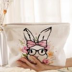 White Easter Bunny Print Corduroy Makeup Storage Bag