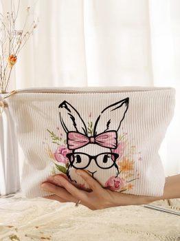 White Easter Bunny Print Corduroy Makeup Storage Bag