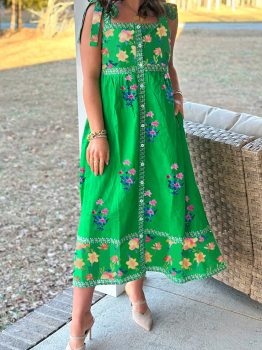 Green Floral Print Contrast Trim Knotted Straps Midi Dress