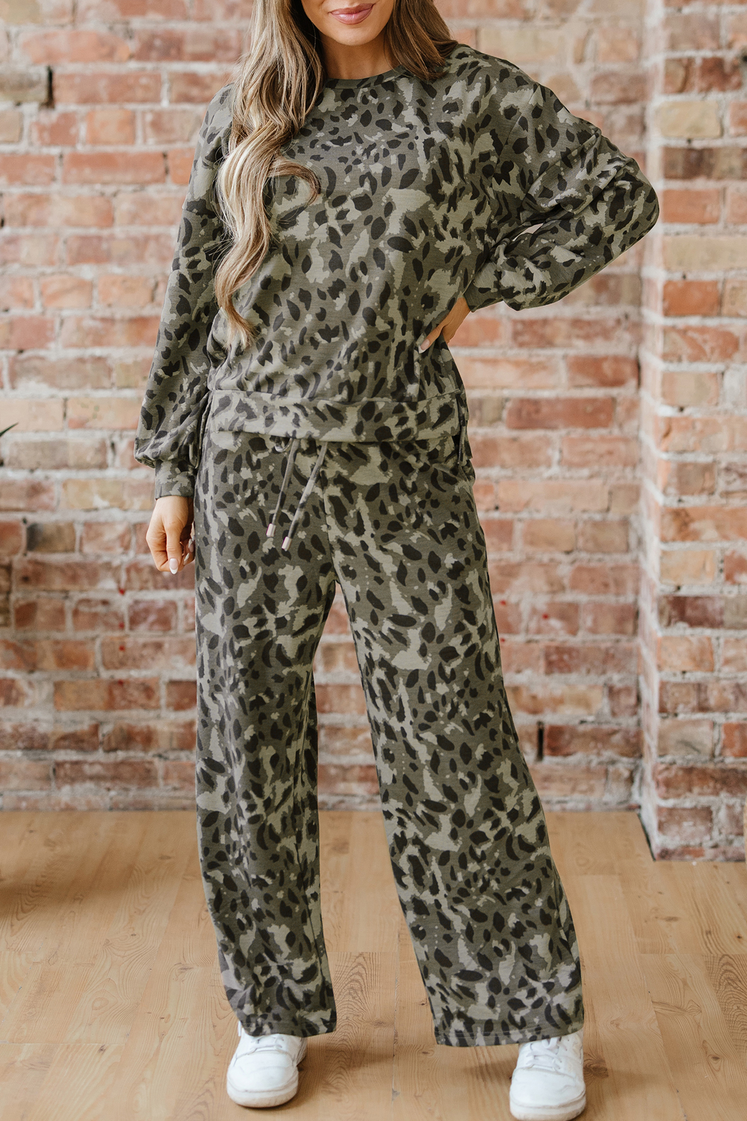 Gray Leopard Print Raw Seam Patchwork Pullover Drawstring Loose Pant Set - Image 8