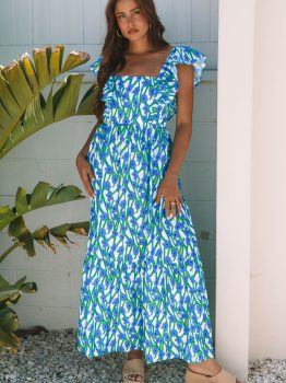 Blue Floral Print Square Neck Ruffled Strap Maxi Dress