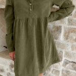 Vineyard Green Corduroy Half Button Collared Long Sleeve Mini Dress