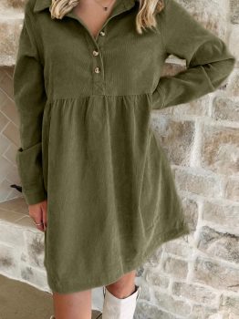 Vineyard Green Corduroy Half Button Collared Long Sleeve Mini Dress