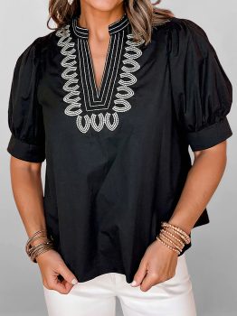 Black Short Puff Sleeve Contrast Embroidered Detail V Neck Blouse