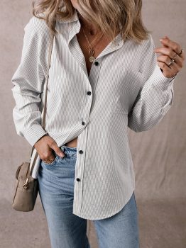 DEAR-LOVER Stripe Roll-tab Sleeve Pocketed Long Shirt