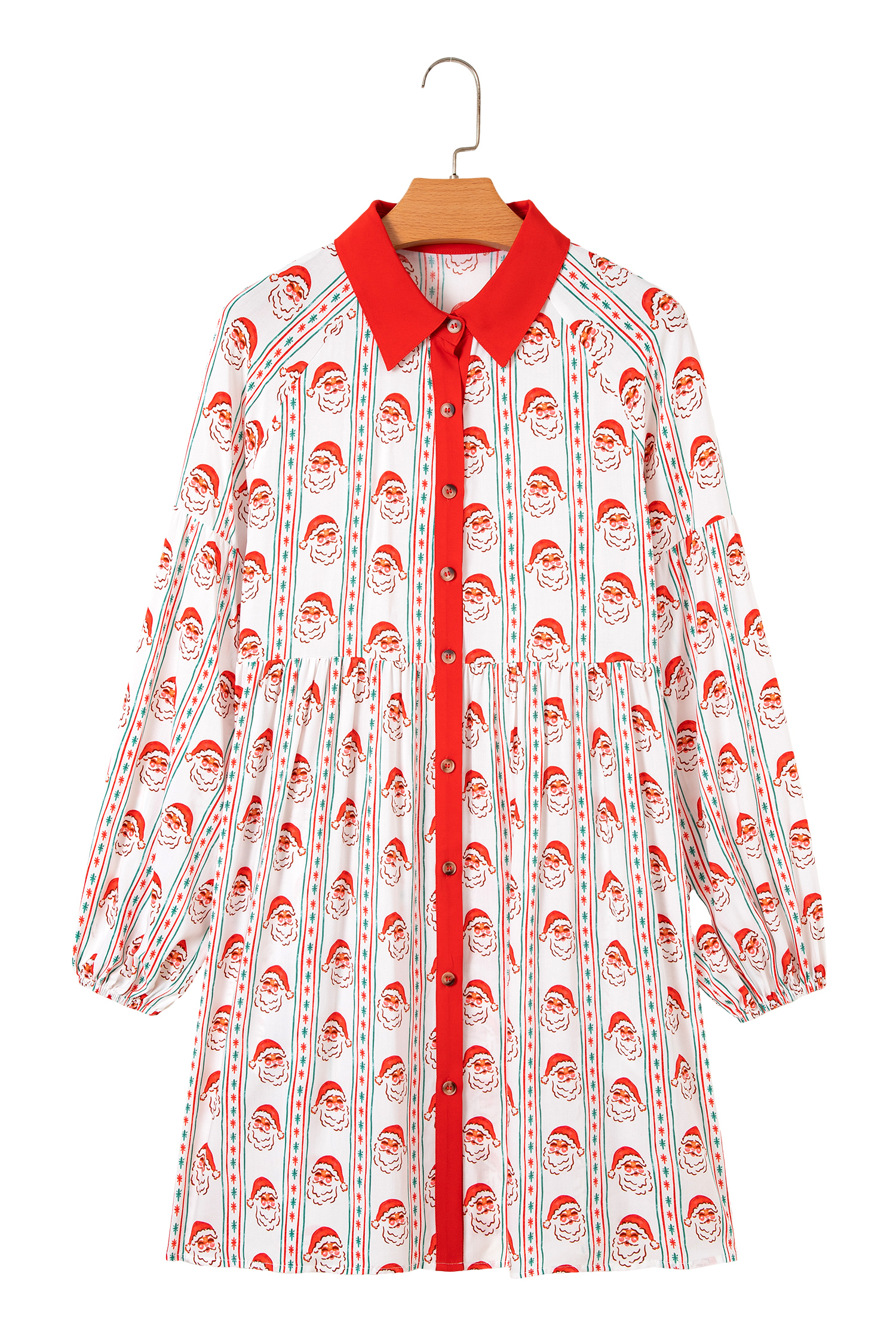 White Father Christmas Contrast Collar Button Front Long Sleeve A-line Mini Dress - Image 6