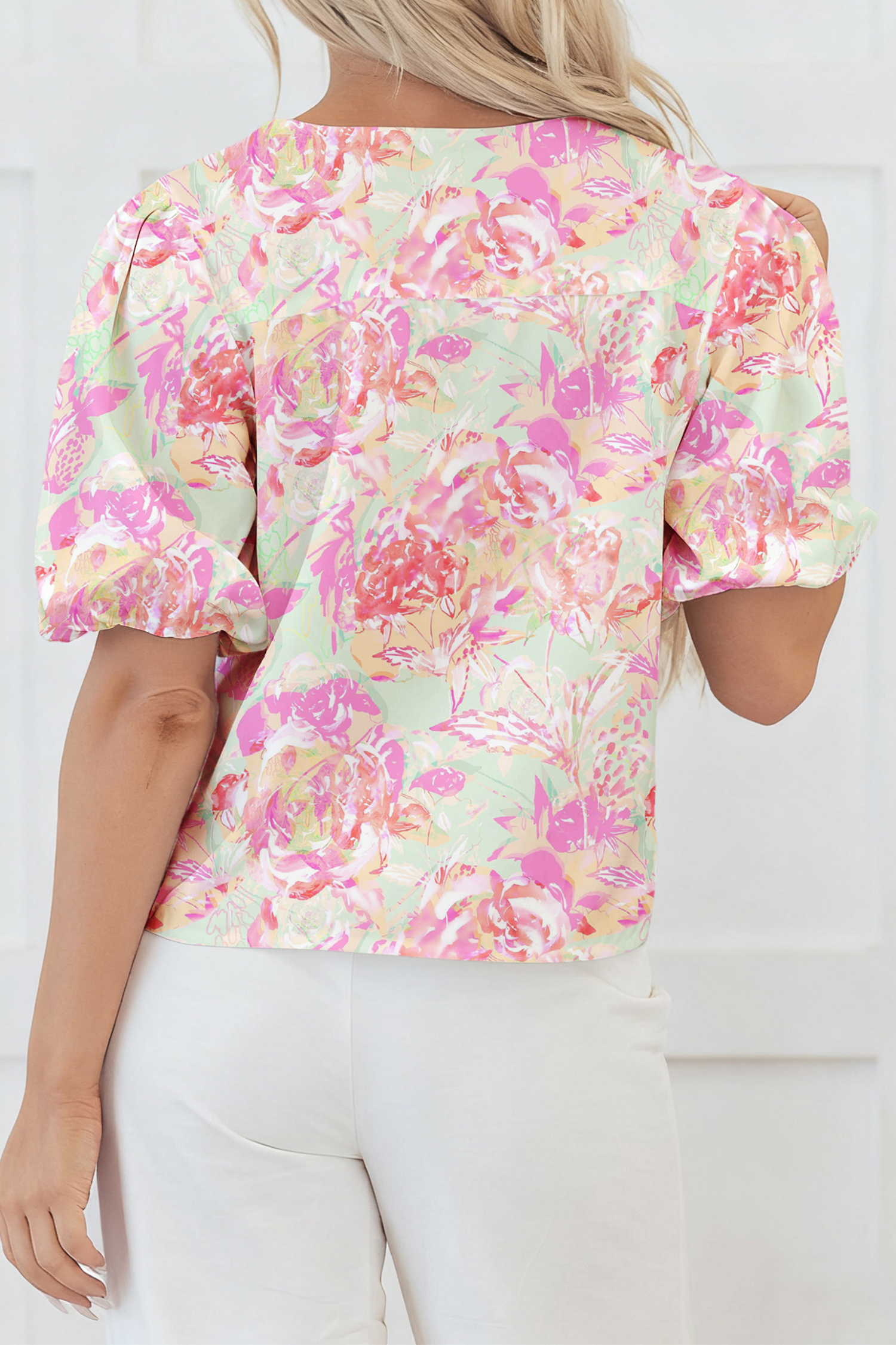 Pink Ribbon Knot Front Floral Short Puff Sleeve Blouse - Image 2