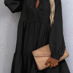 Black Tie Split Neck Smocked Detail Long Puff Sleeve Ruffle Hem Loose Dress