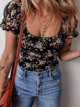 Black Floral Print U Neck Short Puff Sleeve Bodysuit