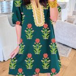 Green Floral Print Contrast Trim Striped Patchwork Short Sleeve Dress