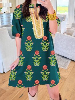 Green Floral Print Contrast Trim Striped Patchwork Short Sleeve Dress