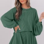Mist Green Corded Lantern Sleeve Top High Waist Ruffled Mini Skort Set