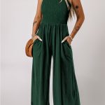 Green Smocked Sleeveless Wide Leg Jumpsuit with Pockets