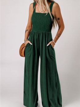 Green Smocked Sleeveless Wide Leg Jumpsuit with Pockets