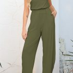 Four Leaf Clover Solid Color Pleated Detail Elastic Waist Sleeveless Jumpsuit